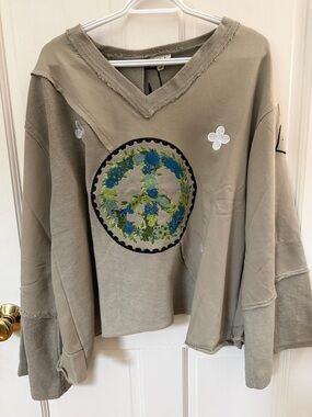 POL Knit Top in Taupe with Black Embroidery